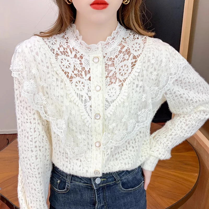 

Stand Collar Crochet Hollow Lace Blouse Office 2023 Autumn Long Sleeve Lace Shirt Fashion Women Lady Elegant Loose Tops 29310