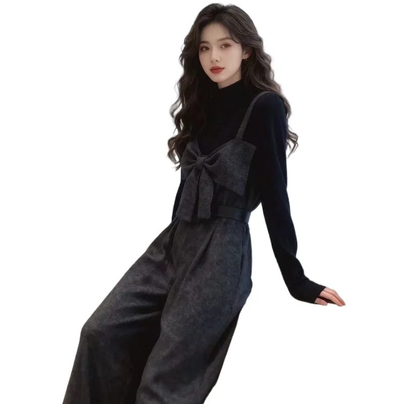 

French Retro Elegant Suit Women's Plus Size Spring and Autumn Chubby Mm Simple and Versatile Base Shirt + Bow Overalls Pant Sets