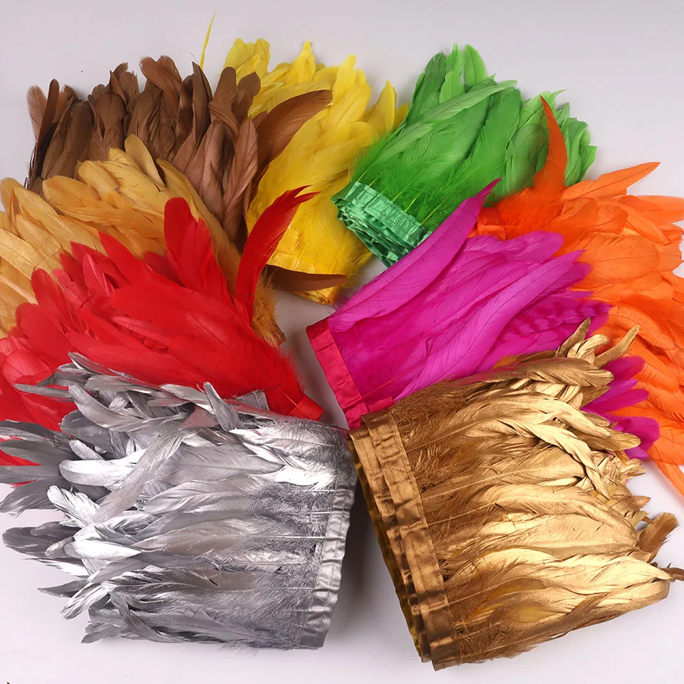 10Meters Golden Silver Rooster Tail Feathers Ribbon 20-25cm 8-10inch Trimming for Handiwork Crafts Carnival Costumes Plumes