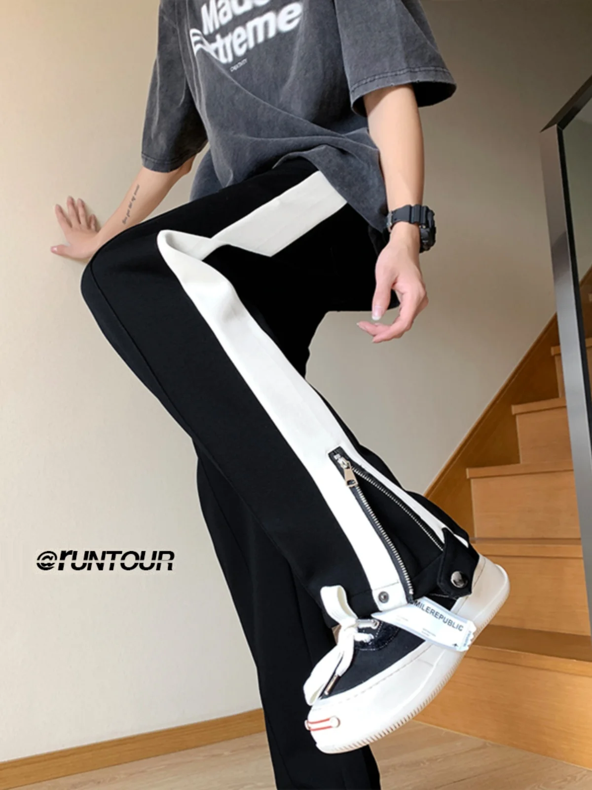 

Men's Casual Pants High Waist Zipper Slit Straight Leg Stripe Patchwork Autumn Winter Faion Design Loose Fit Youth Sle