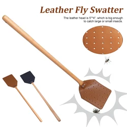 PU Leather Fly Swatter com cabo de madeira, Mosquito Swatter, resistente, durável, casa, ao ar livre, jardim