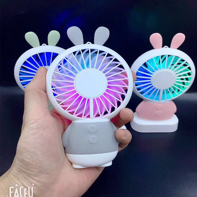 Cute Bear Rabbit Handhold Fan USB Night Light Cooling Fan with 2 Gears Wind Speed, Rechargeable Outdoor Ventilator