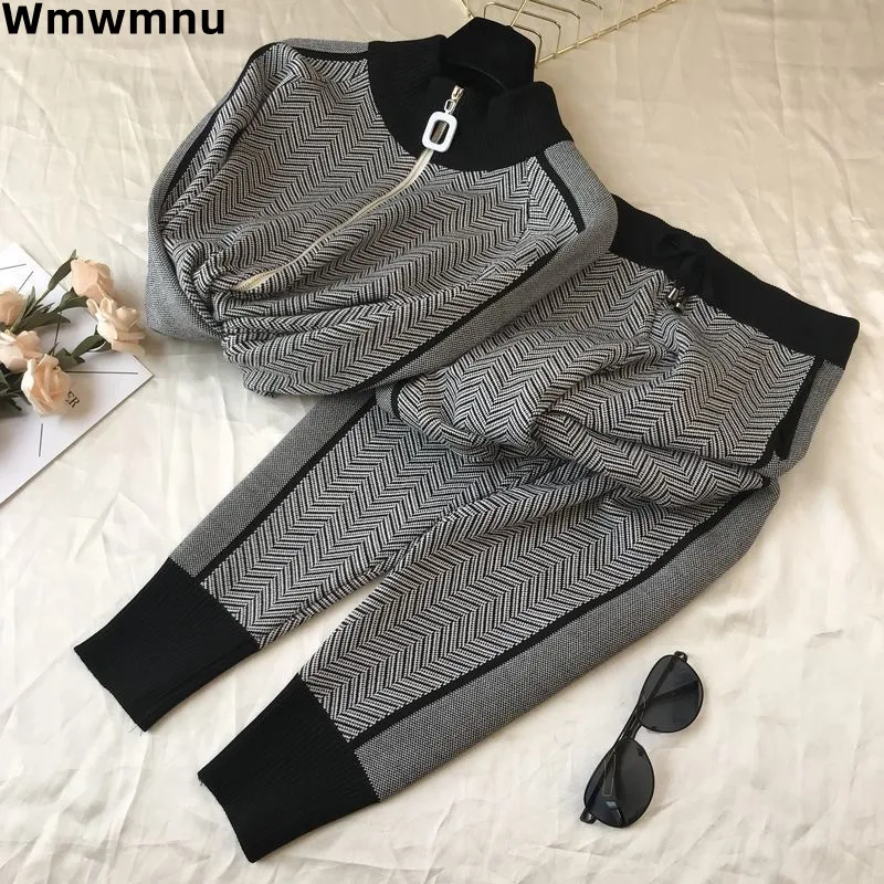 Vintage Knited Fall Winter Tracksuit New Casual Zip Jackets Coats Tops Conjunto Ankle Length High Waist Wide Leg Pantalones Suit