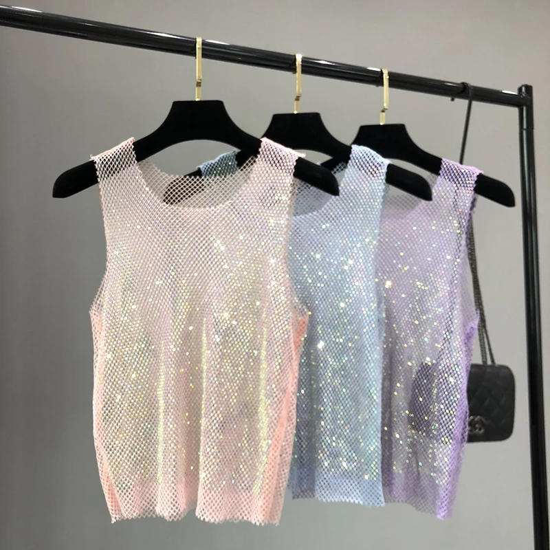 Crystal Beading Shiny Tanks Party Club Sexy Hollow Out Diamonds Stamping Camis Winky gilet senza maniche
