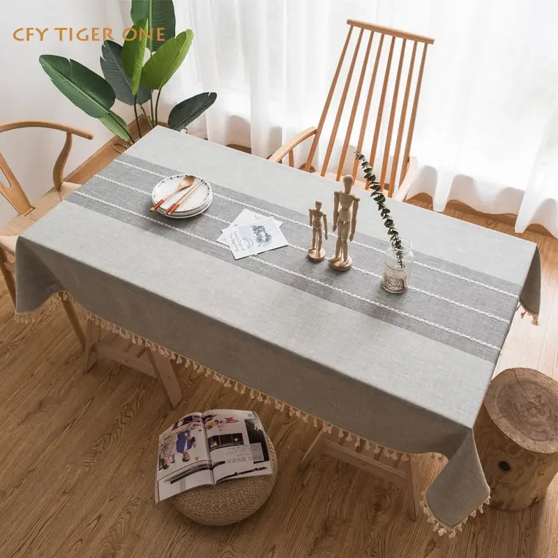 American Cotton Linen Striped Waterproof Tablecloth  Antifouling Rectangular Tablecloth with Tassel Table Cover
