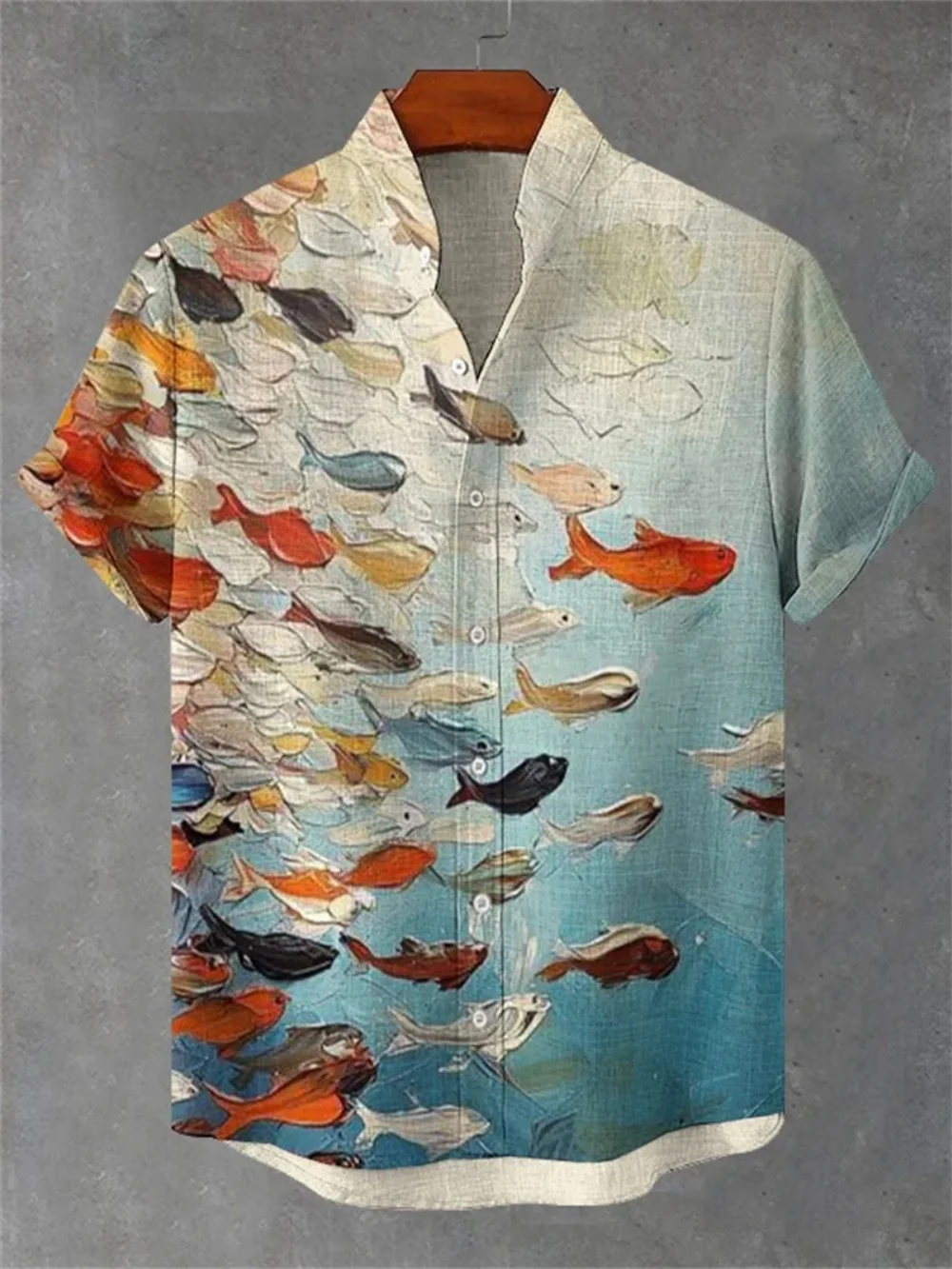 Summer Men's Short Sleeve Shirt Wave Flower Print Stand Collar Button Detail Linen Fashionable Design Fast Delivery
