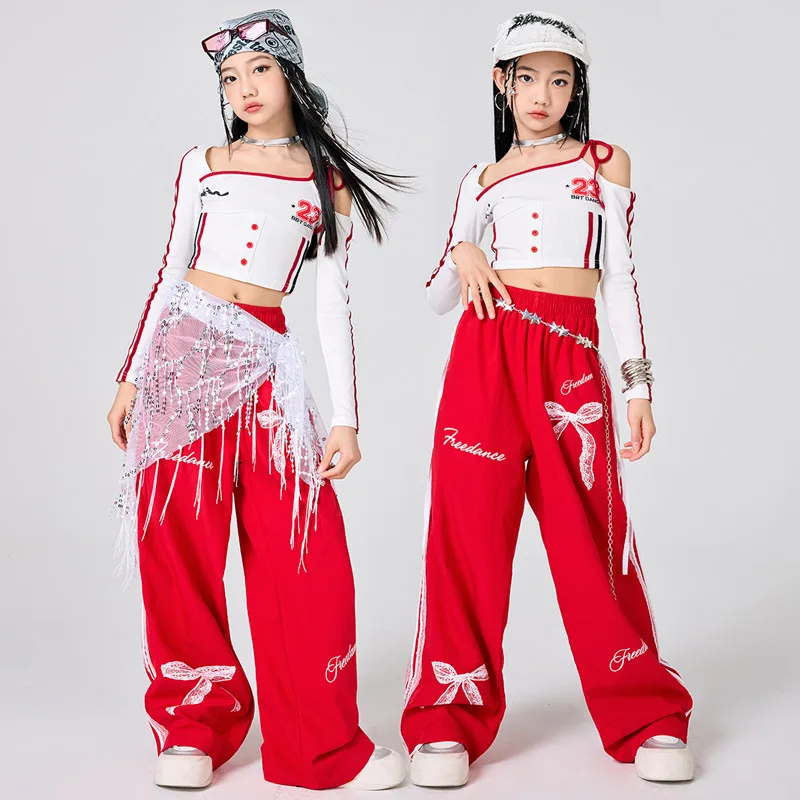 Girls Hip Hop Clothes White Top Red Skirt Jazz Dance Performance Costume Fashion Kpop Outfit Streetwear Catwalk Performance Suit