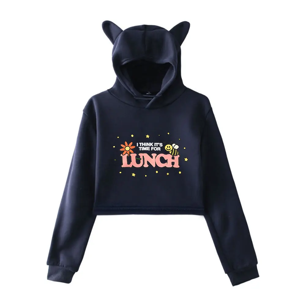 Sudadera con capucha de orejas de gato para mujer, sudaderas recortadas de manga larga, ropa de calle informal, Tops cortos, Chie Ko I Think It's Time For Lunch