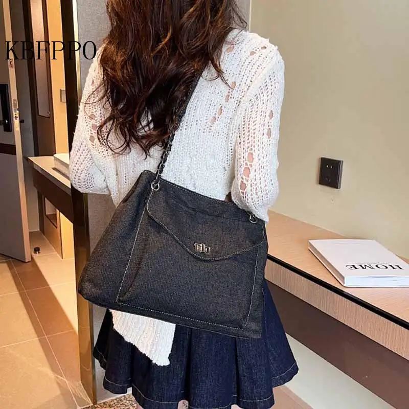 Rough Edge Denim Women's Shoulder Bag Blue Denim Washed Wrinkled Casual Handbag Large Capacity Shopping Bag Ladies Book Handbag