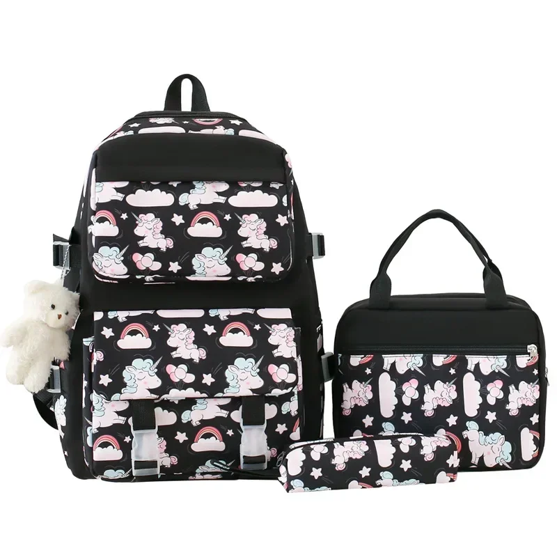 Cute Printed Girl Backpack Bento Bag Three Piece Set Student Large Capacity Cartoon Backpacks School Bags Mother Kids Bags Girl