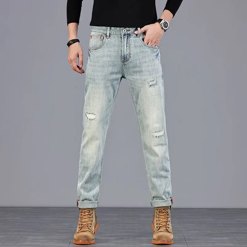 

2025 Summer Youth Stretch Ripped Jeans Men's Casual Comfortable Versatile Small Straight Leg Pants Streetwear Men Clothing