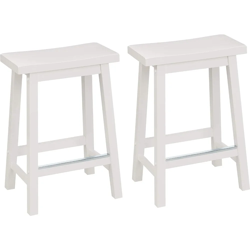 Sgabello da bancone da cucina con sella in legno massello, altezza 24 pollici, bianco-Set di 2