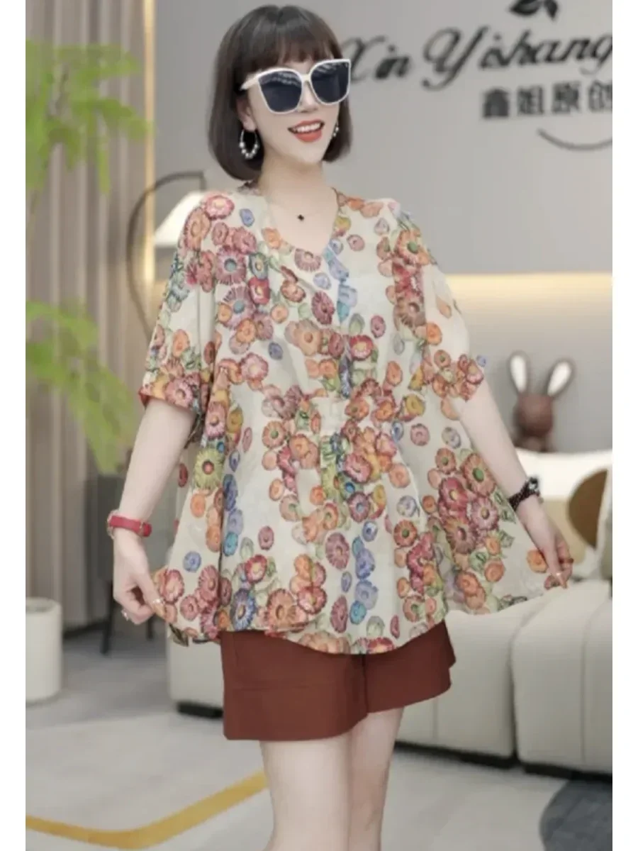 Women's Summer Vintage Floral Print Chic Blouse Casual V Neck Short Sleeve Shirt Ruffled Loose Irregular Womens Tops Blouses