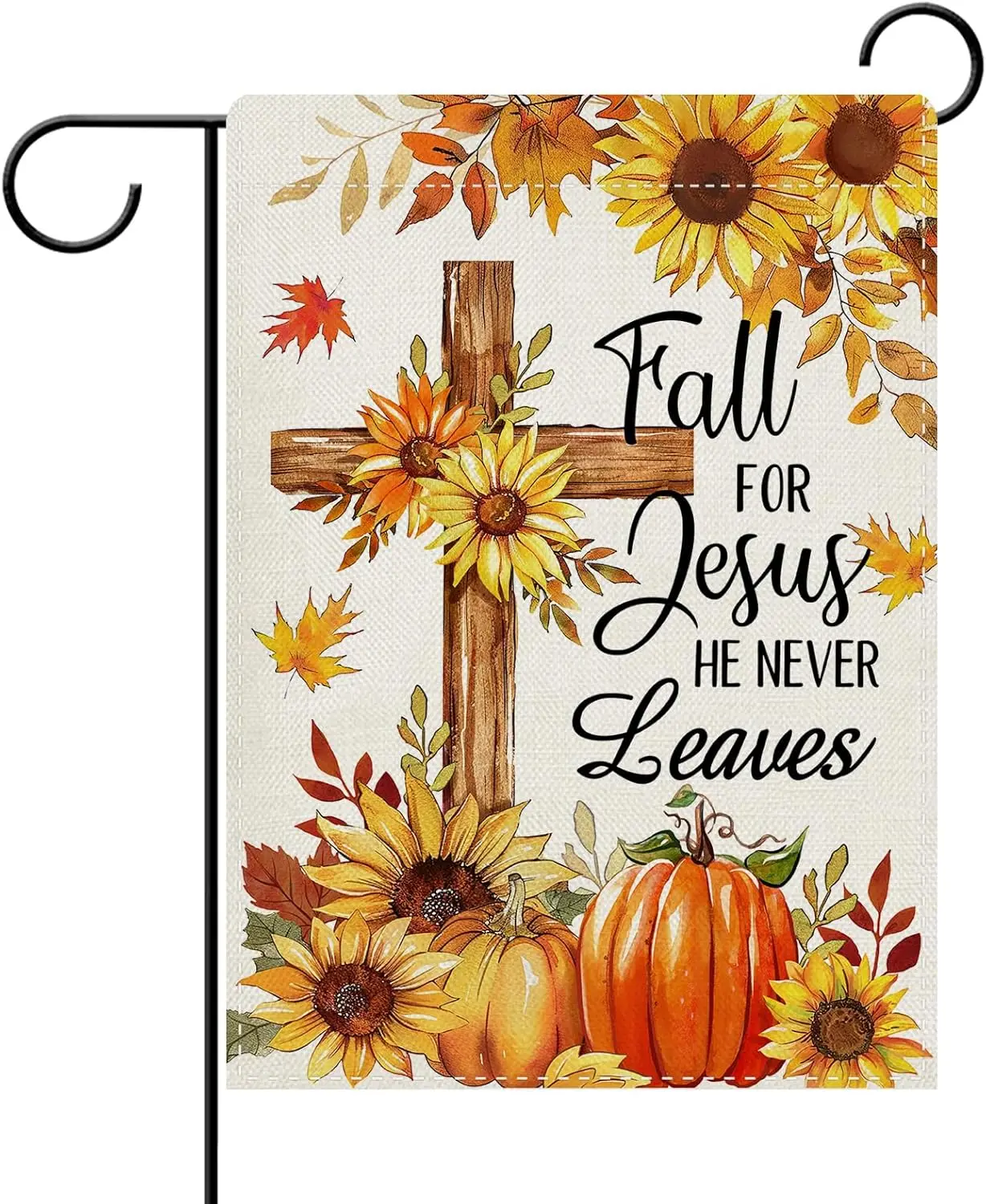 Dyrenson Fall for Jesus He Never Leaves Christian Decorative Garden Flag, Religious Autumn Cross Sunflower Pumpkin Yard Outs UUN