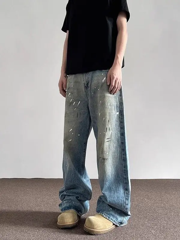 Calças Jeans Retro Graffiti de Perna Larga para Homens e Mulheres, Estilo Vintage Desbotado, Comprimento até o Chão, Design A...