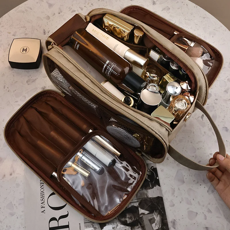 Double Zipper Toast Travel Makeup Bag for Women Cosmetic Bag Large Capacity Makeup Bag Storage Organizer PU Leather Toiletry Bag