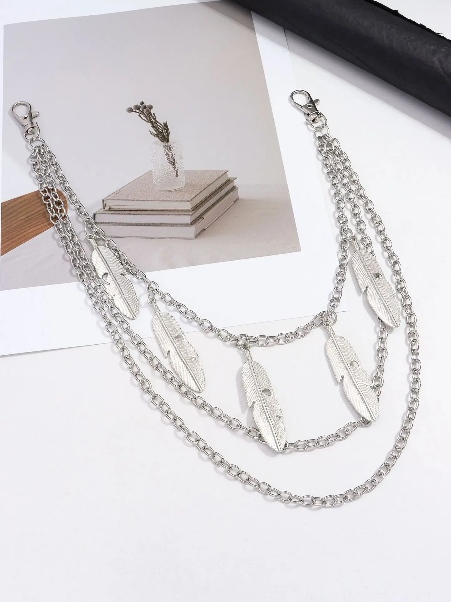 Feather pendant with three-layer metal pants chainNew Hip Hop Silver Color Jeans Waist Chain Party Jewelry Accessories
