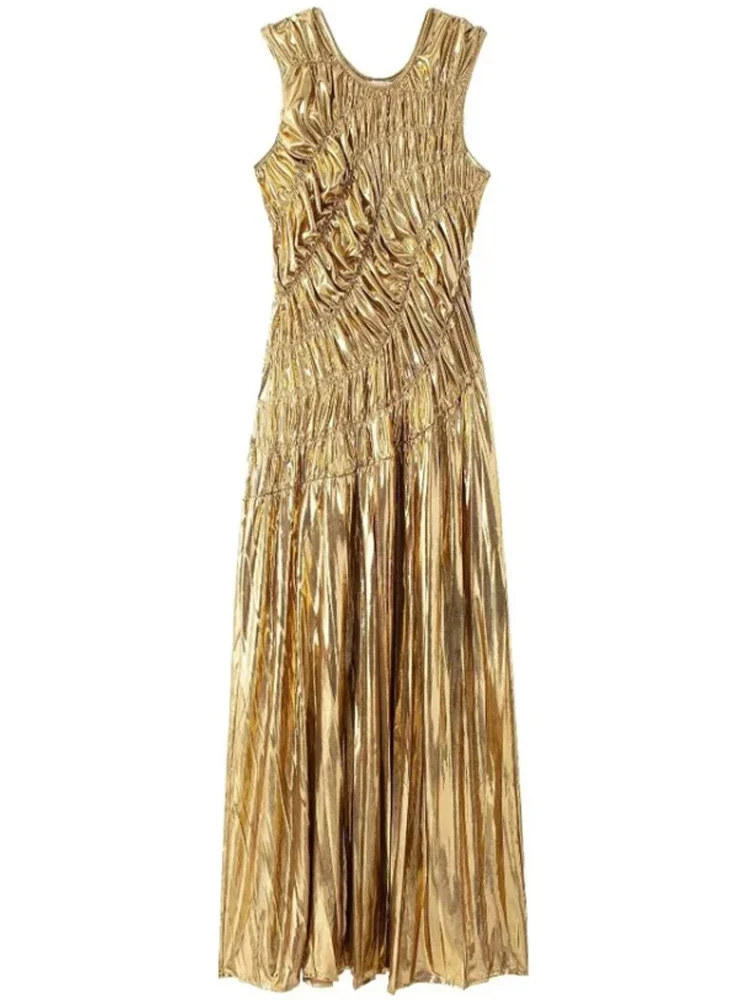 Sexy folds gold maxi summer dress women bodycon club birthday party dress woman clothing prom evening long dresses