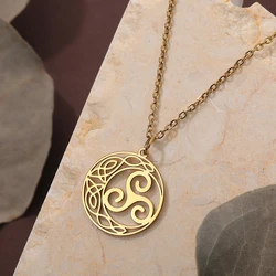 Kinitial Crescent Moon Triple Spiral Trinity Knot Pendant Necklace For Women Stainless Steel Jewelry Celtics Triskele Triskelion