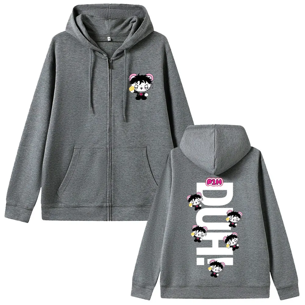 Coreano Kpop P1Harmony 2025 DUH Cartoon Style Stampa Zipper Felpa con cappuccio Gatto Divertente Meme Zip Up Giacca Uomo Donna Moda Hip Hop Felpe con cappuccio