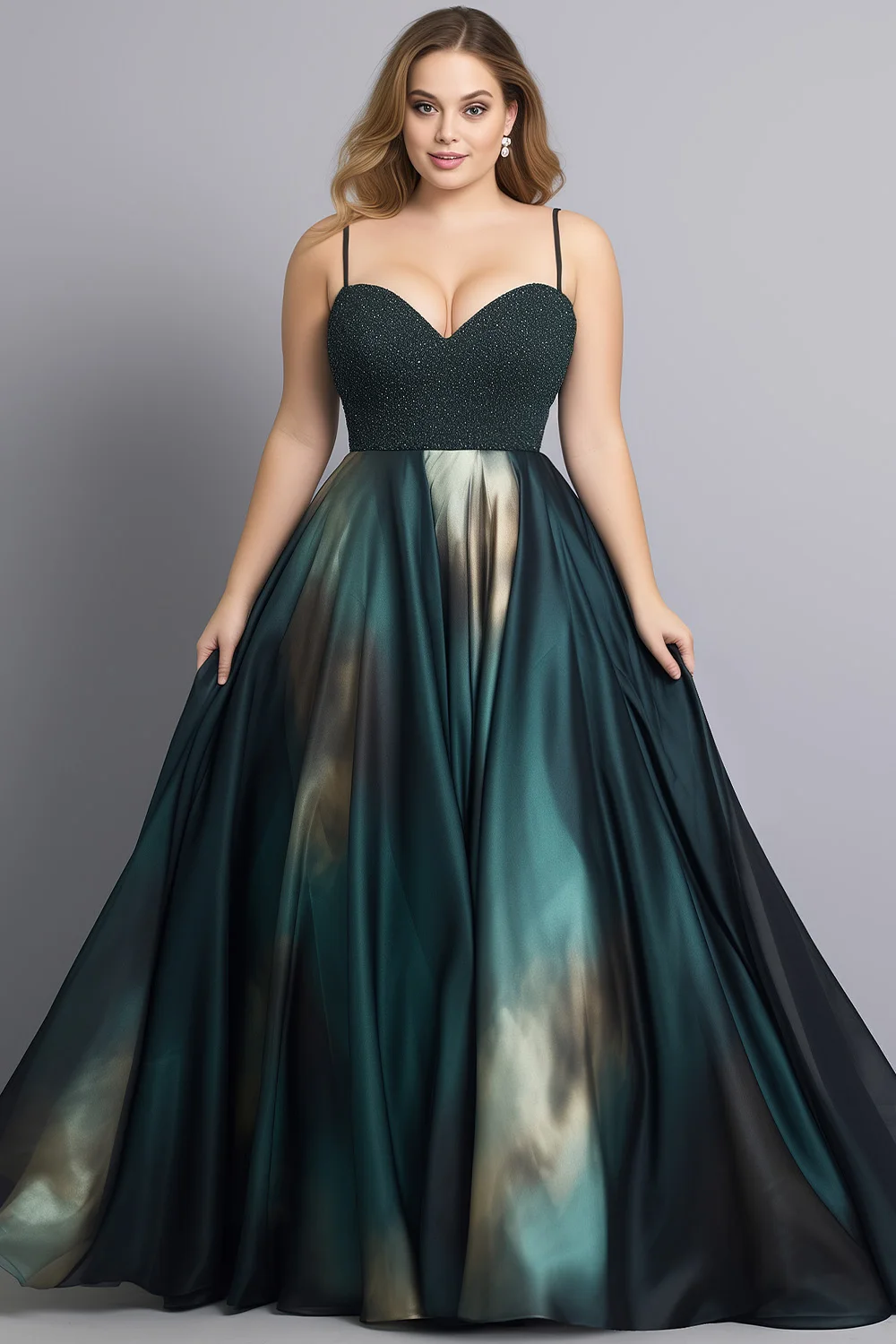 

Flycurvy Plus Size Wedding Guest Dark Green Satin Sparkly Gradient Built-in Bra Cami Maxi Dress