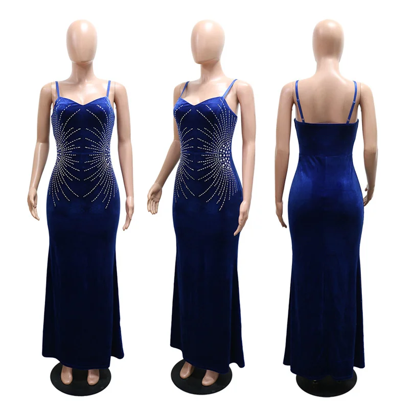 Sexy Spaghetti Strap Velvet Maxi Dresses Women Evening Sparkly Rhinestones Diamonds Slim Night Club Party Prom Dress Robe Femme