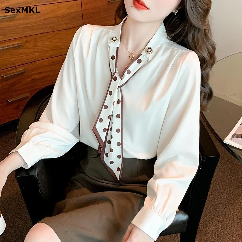 

Elegant Long Sleeve Chiffon Office Blouses Women Autumn Winter Korean Y2k Clothes Blusas Mujer Bow Neck Tops White Black Shirts