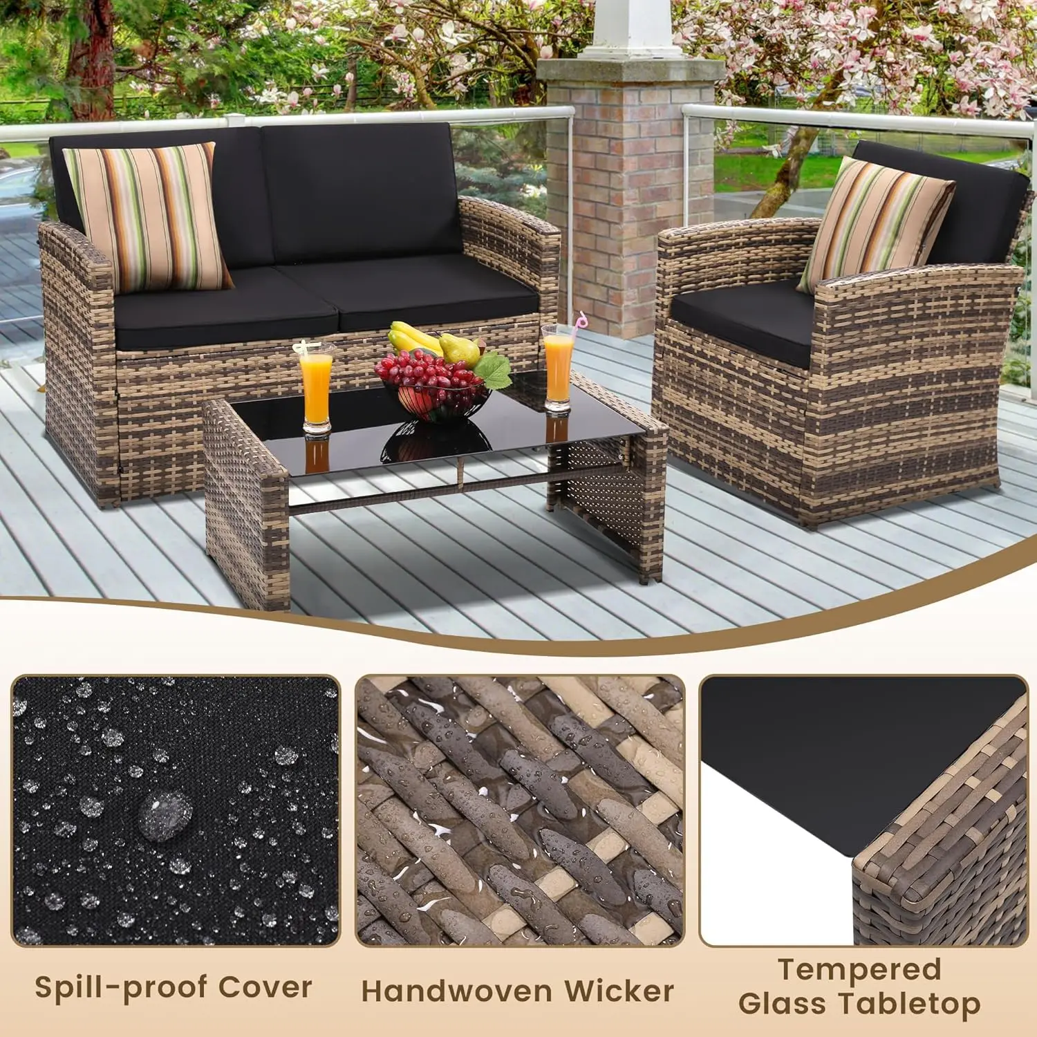 4 Pieces Patio Conversation Set Outside Rattan Sectional Sofa Cushioned Furniture Set Wicker Sofa Ideal for Garden Porch