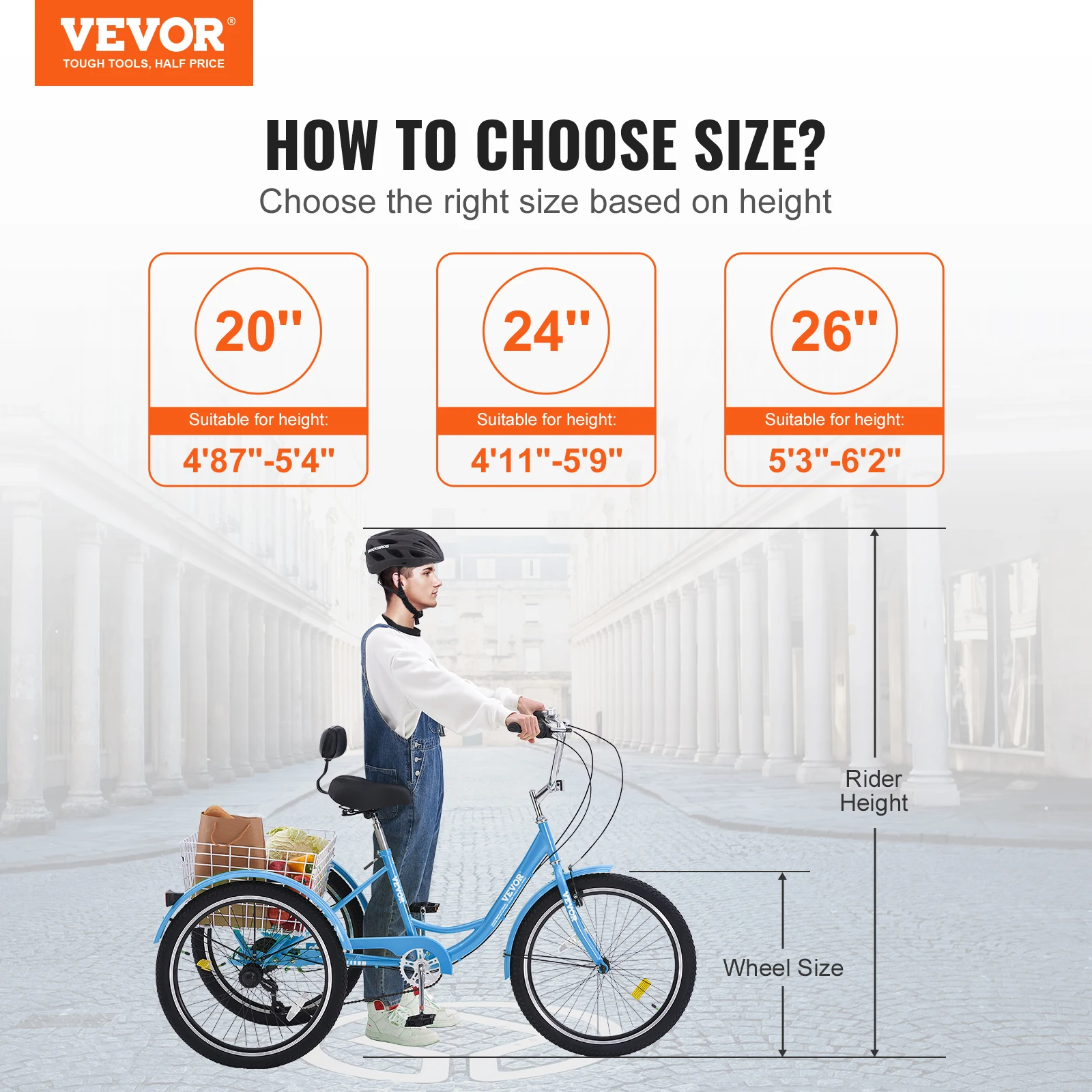 VEVOR 20/24/26 Inch Adult Tricycles Bike 7 Speed Carbon Steel Adjustable Seat Picnic Shopping For Seniors Women Men