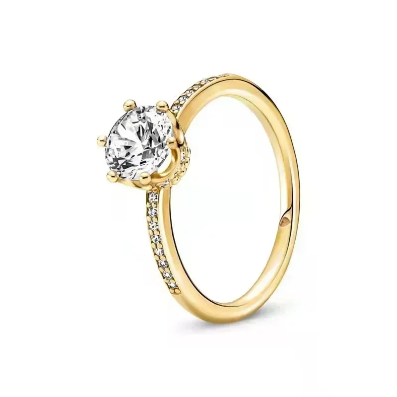 Hotselling 925 sterling zilveren ring uit de exquise gouden serie, sprankelende hartvormige kroonring, modieus charme sieraad cadeau