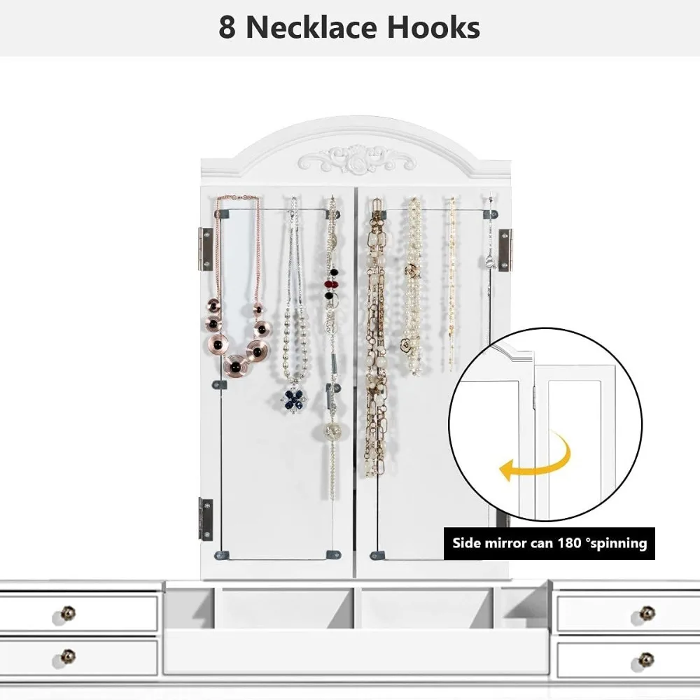 Set Meja Rias dengan Cermin dan 7 Laci, Meja Rias Rias dengan Bangku Empuk, Meja Rias dengan Rak Terpisah, Modern