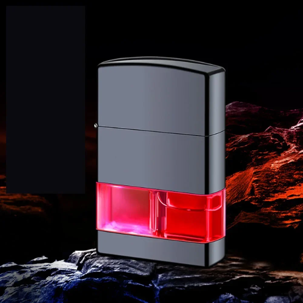 New Windproof Oil tank visible Straight Flame Lighter Metal Press Ignition Refillable Gas Cigarette Lighters Men Smoker Gift