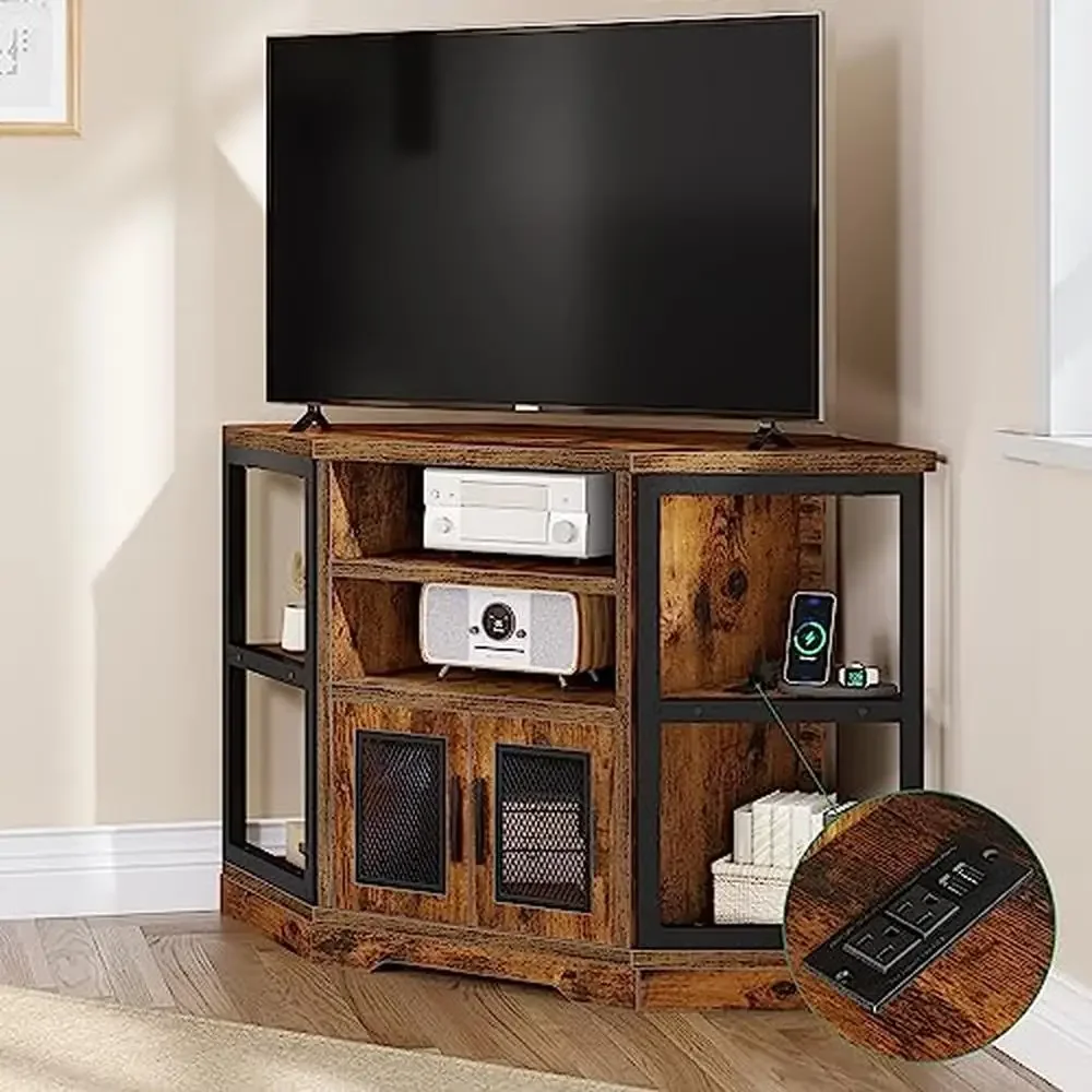 

Corner TV Stand with Power Outlet USB Ports Rustic Modern Farmhouse Entertainment Console Wood Media Storage Cabinet 55 Inch TVs