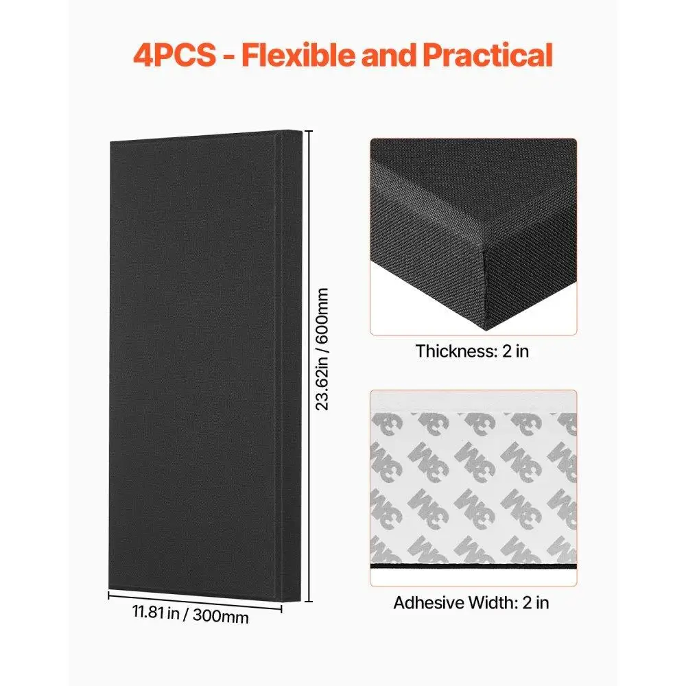 Acoustic Wall Panels 4 Pack 2 Inch Thick Self Adhesive Soundproof Foam Black 23.6x11.8 Inch