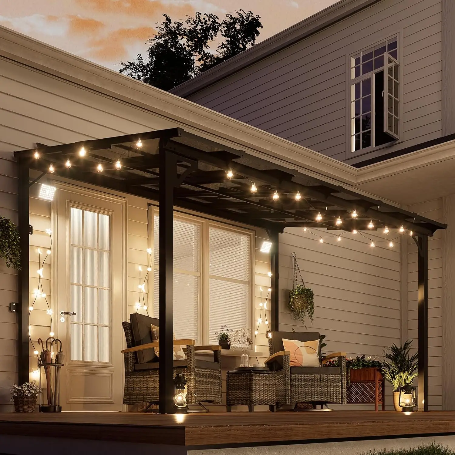 8' x 12' Lean to Gazebo, Wall Mounted Pergola, Sloped Roof Patio Gazebo Awning, Black