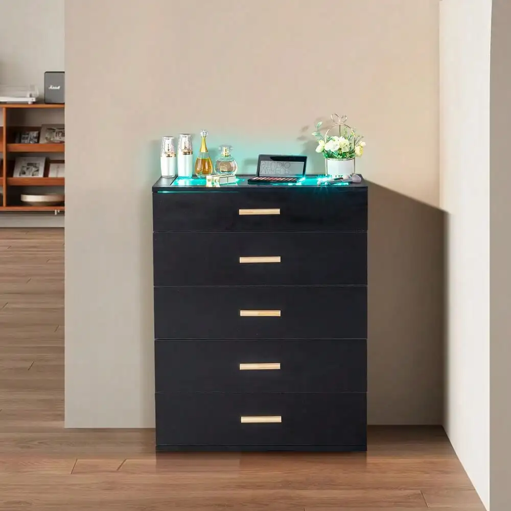 LED Dresser with 5-Drawer Bedroom Chest of Drawers Cabinet w/Tempered Glass Top