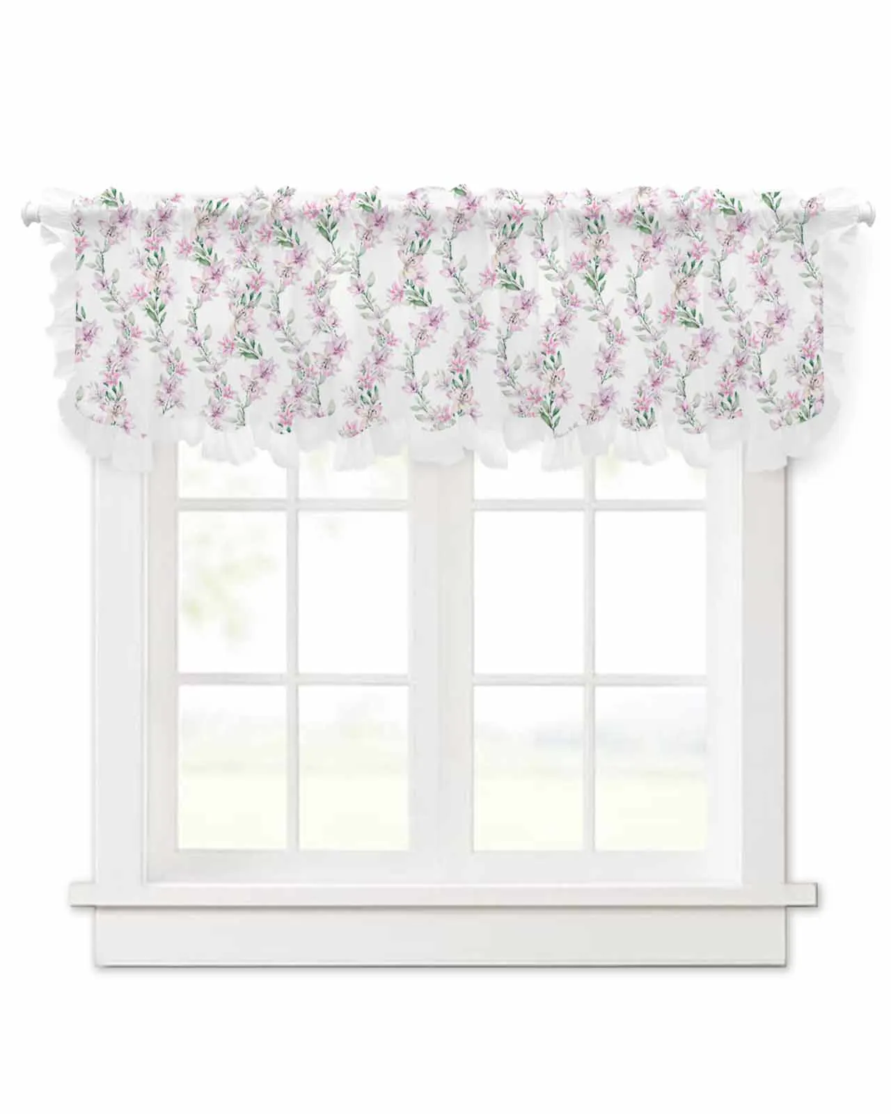 Watercolor Flower Lily Short Tulle Half Curtains for Living Room Kitchen Door Cafe Window Sheer Valance Drapes