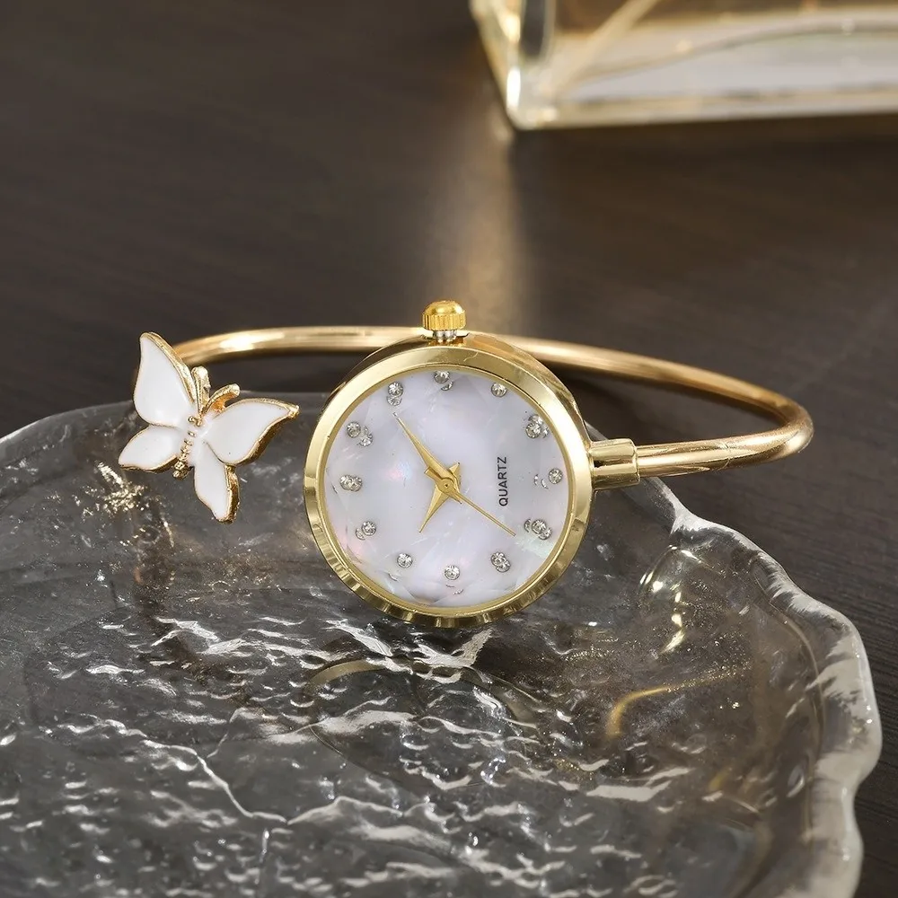 Mother of Pearl Dial Butterfly Bangle Watch Butterfly Motif Quartz Movement Jewelry Bracelet Watch Dainty Design Open Cuff