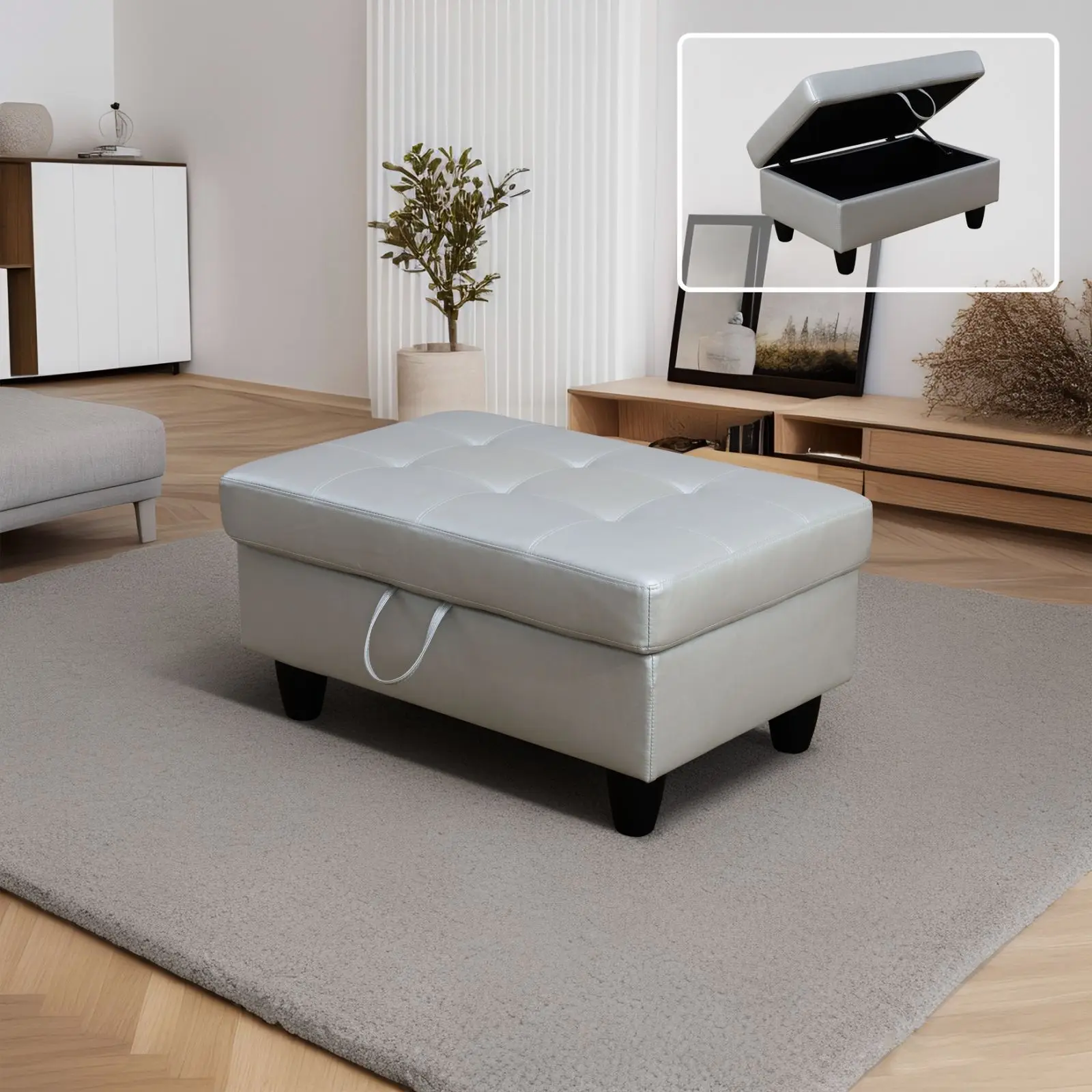مسند تخزين جلدي شبه من جلد البولي يوريثان باللون الفضي الحديث مع أثاث مريح للتنفس لتوفير مساحة الجلوس لديكور المنزل الأنيق
