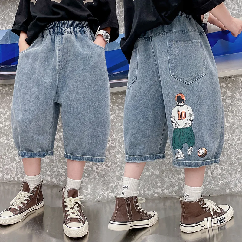 Boys Denim Shorts Summer Tween Children's Loose Teen Capri Pants High Quality Kids Clothes Short Jeans Knee Length 4-14Y