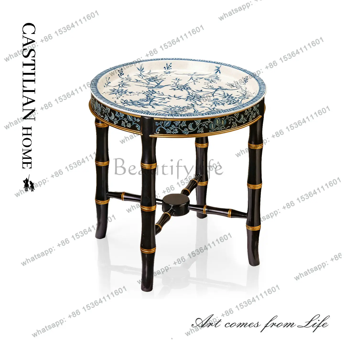 New Chinese blue and white ceramic bamboo joint round table tea room living room home study side table C6042