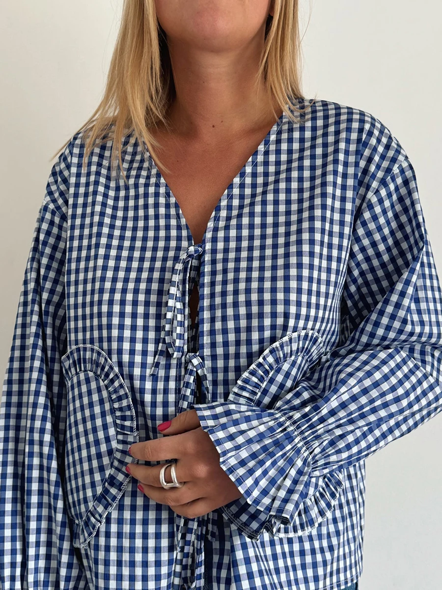 

Women Tie Open Front Plaid Tops Puff Sleeve Blouse With Love Heart Pockets Going Out Tops Blouse