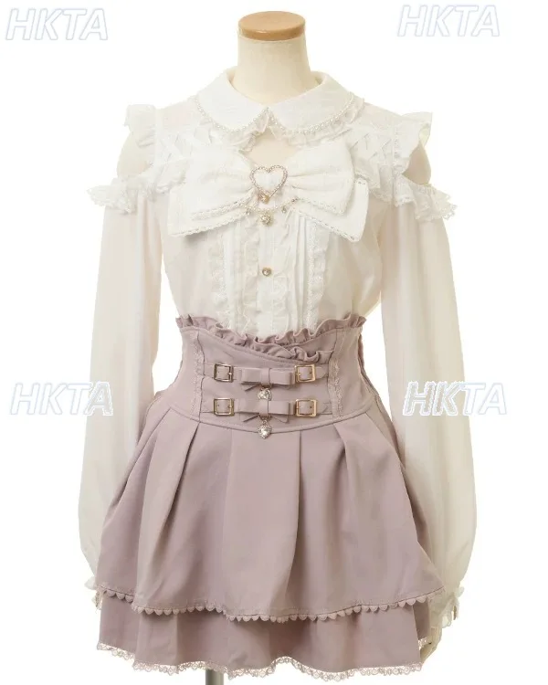 النمط الياباني الخريف جديد قبالة الكتف الدانتيل القوس الكبير دمية طوق كم طويل قميص بلايز المرأة الحلو لوليتا الشيفون البلوزات #5