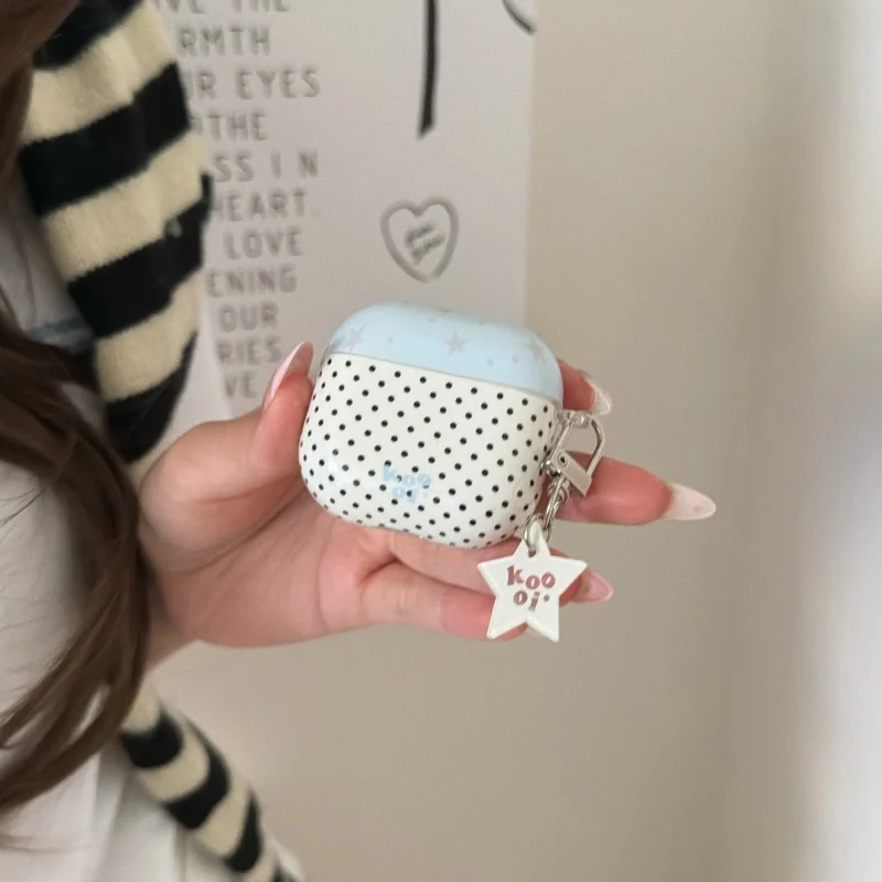 

Anti-fall Blue Stars Dots Stylish IMD White Earphone Case with Pendant for Airpods Pro3, Pro2, Pro, 1, 2, 3, 4, Dustproof
