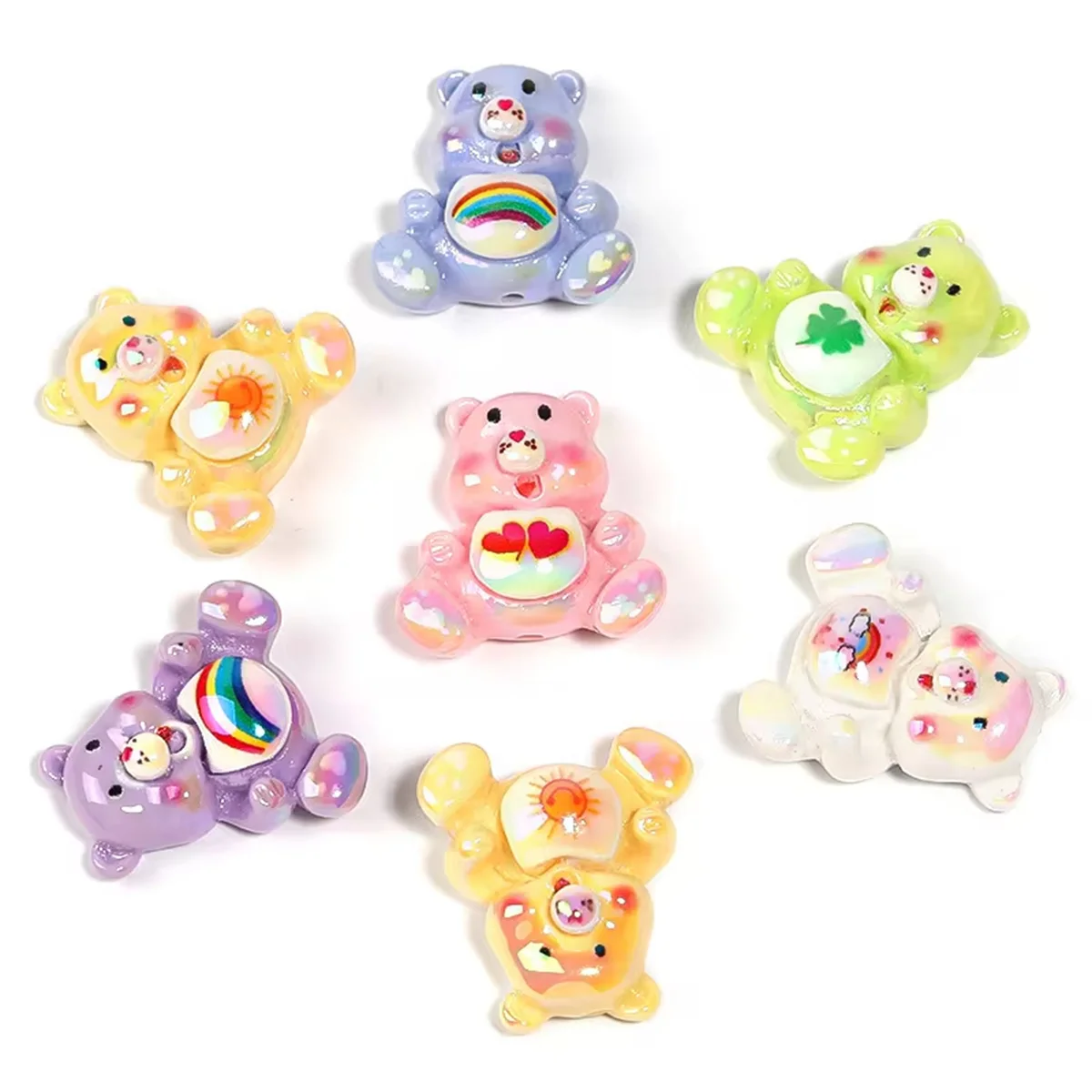 3 Pcs Cartoon Rainbow Bear Vertical Hole Beads DIY Resin Kawaii Anime Keychain Accessories Phone Chain Clothing Beads Material