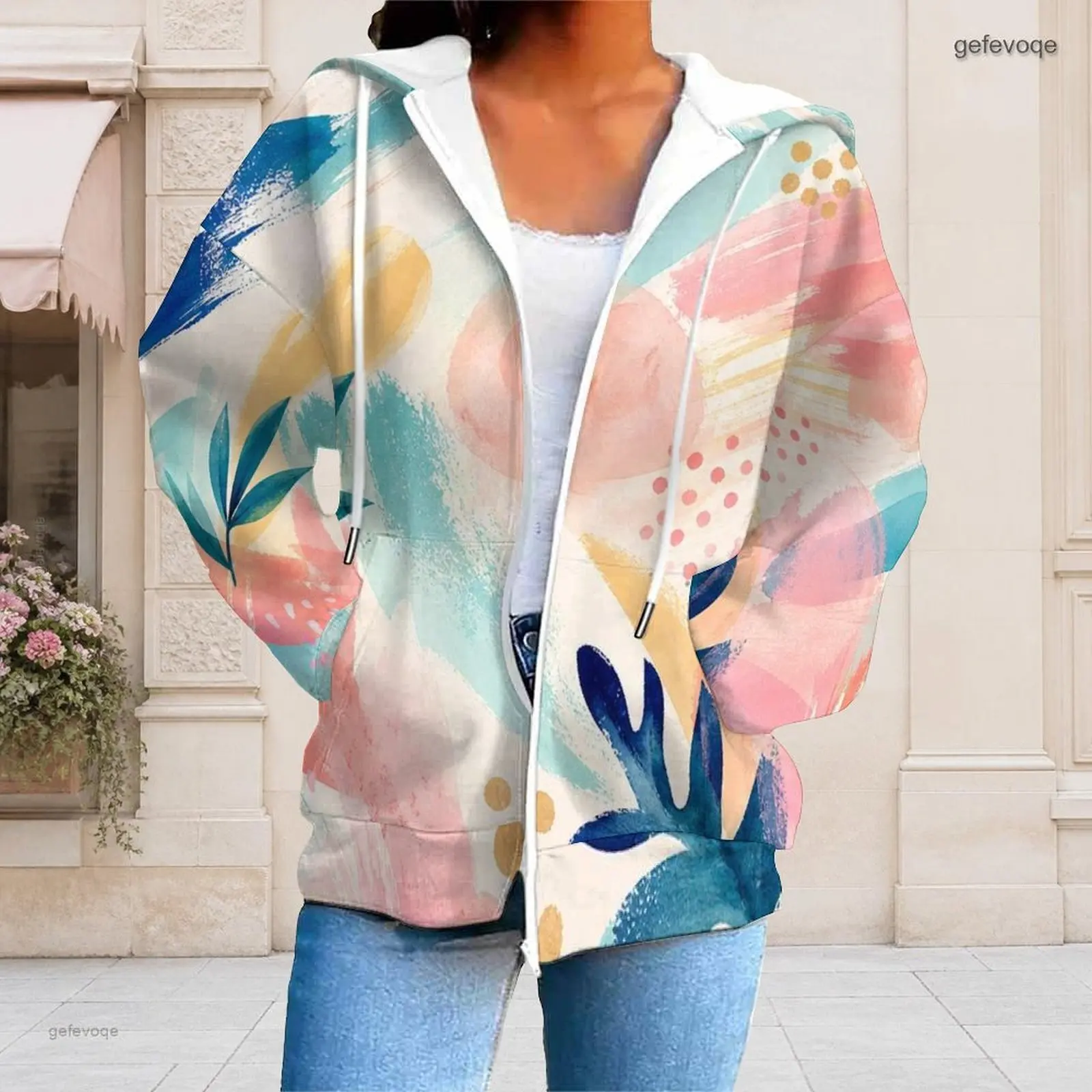 Women Pastel Abstract Brush Leaf Print Zip Up Long Sleeve Drawstring Hoodie with Pockets