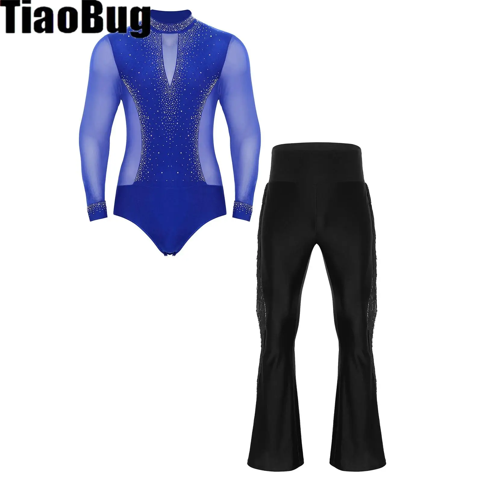 

Men Latin Dance Outfit Tango Chacha Dance Shirt Long Sleeve Mesh Rhinestone Leotard Bodysuit with High Waist Tassel Flared Pants