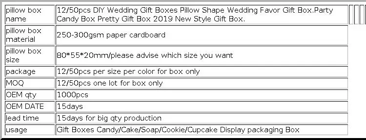 12/50pcs Beautiful Flower Pattern Pillow Shape Paper & Kraft Wedding Candy & Birthday Gift Storage Box Size 20X55X80mm