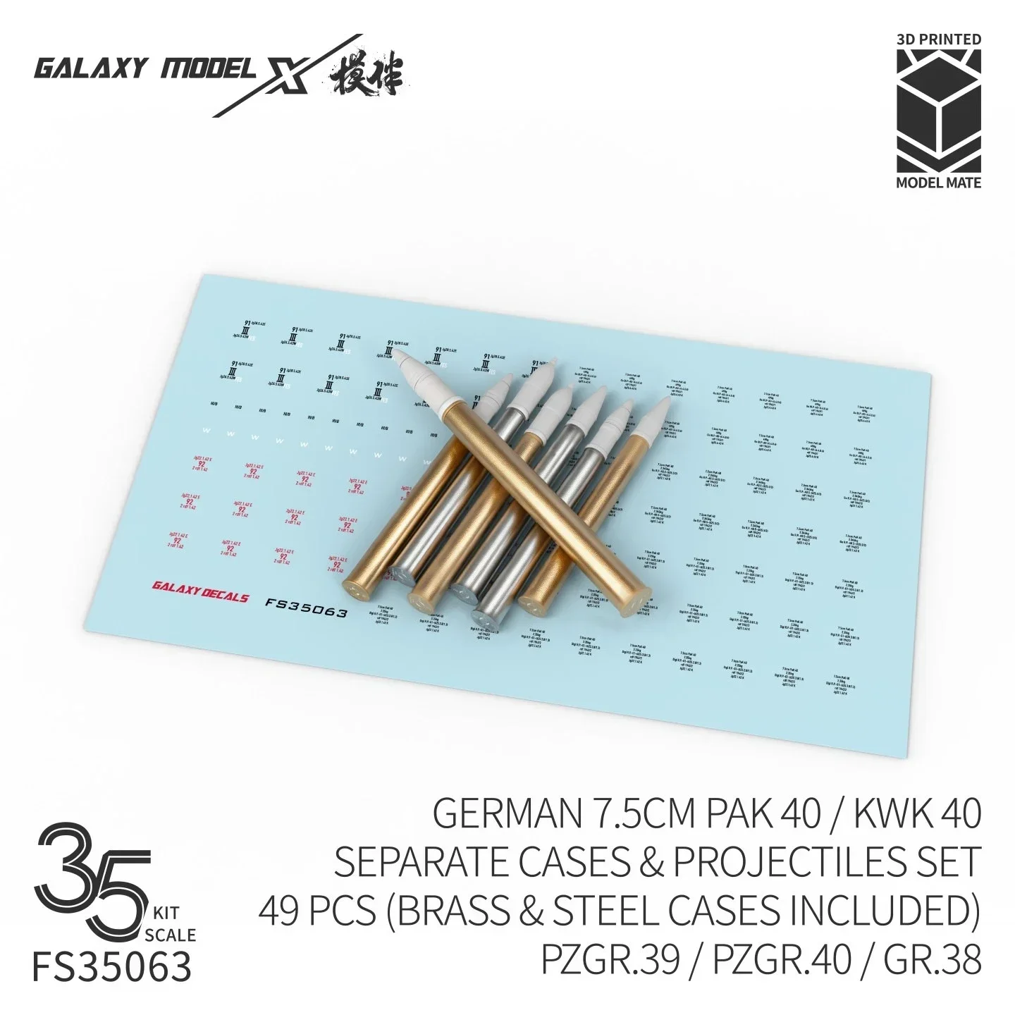 Galaxy FS35063 1/35 Scale Pak40/KwK40 Small Caliber Shell & Ammo Resin Detail Set, 49pcs for Military Model Hobby Diorama Scene