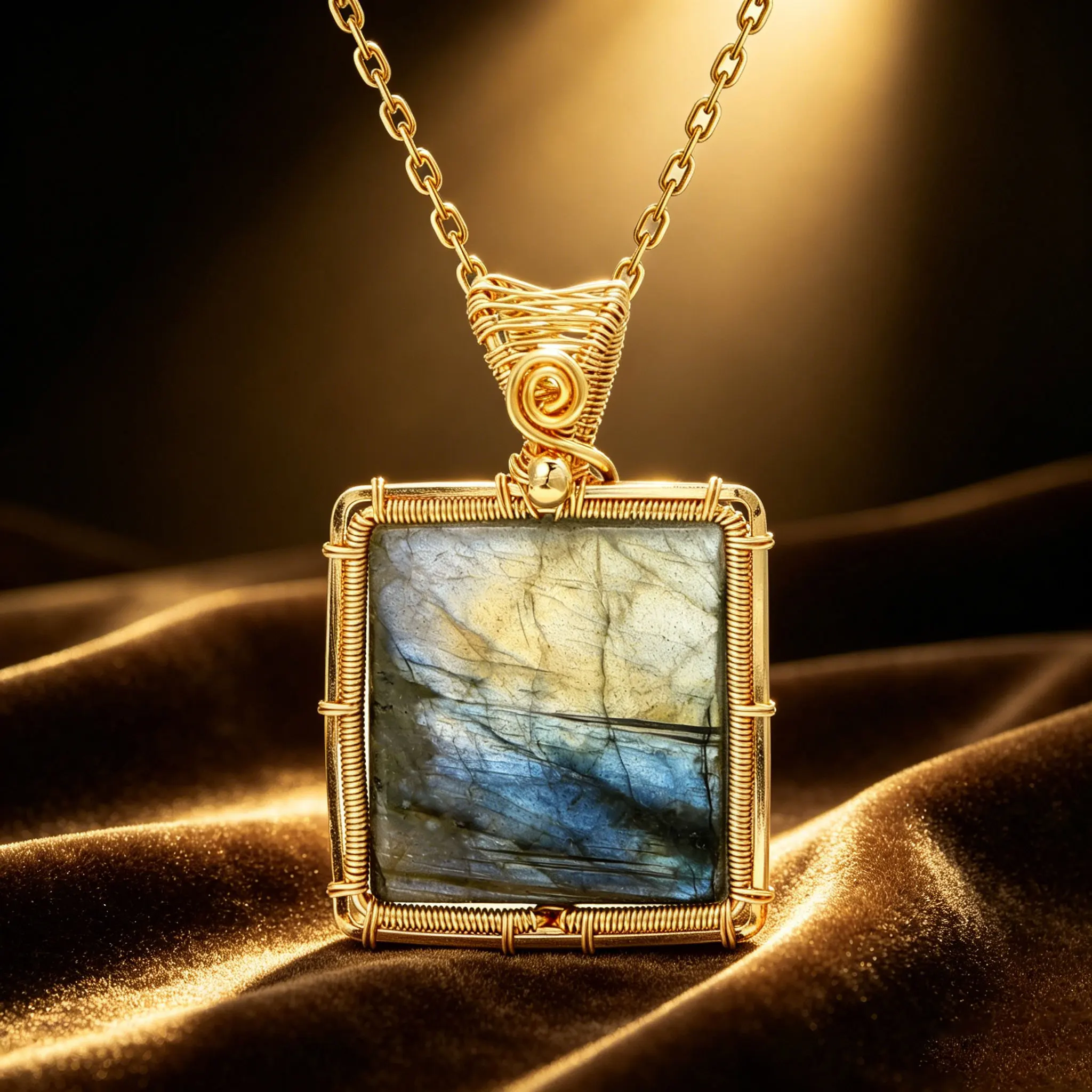 

Natural Labradorite Necklace Square Baguette Gemstone Pendant Copper Wire Wrapped Jewelry Necklace For Women Anniversary Gift